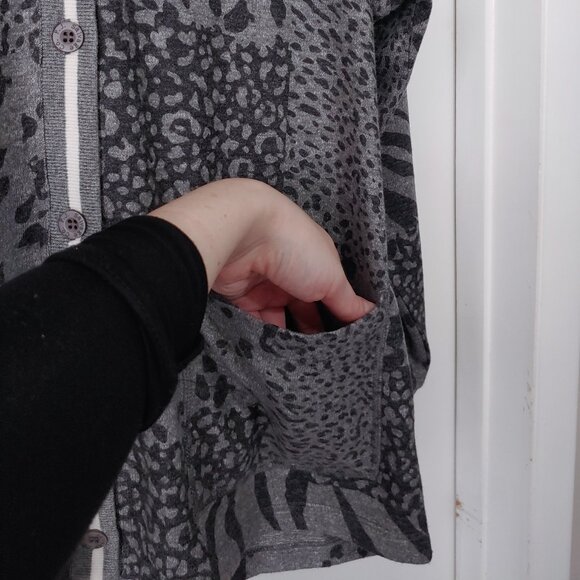 PJ Salvage Cardigan Leopard Grey Collegiate Collar Stripe Oversize Long Sleeve - Picture 6 of 7